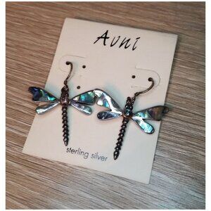 Vintage Sterling Silver Dragonfly Abalone Dangle Earrings New Old Stock Boho